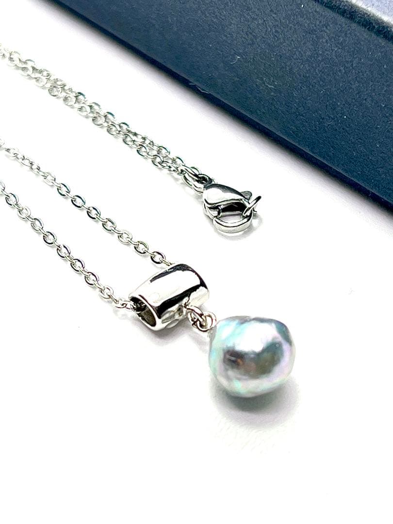 Akoya pearl necklace with natural blue rainbow-colored baroque pearl on stainless steel chain