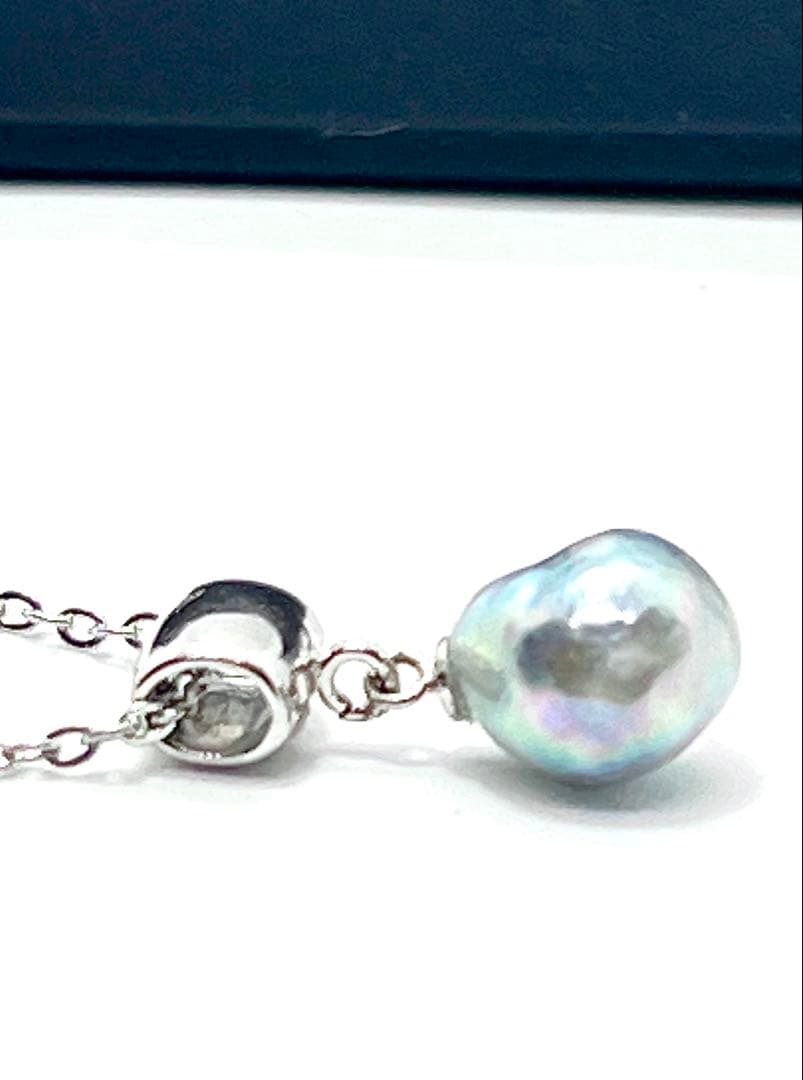 Akoya pearl necklace with natural blue rainbow-colored baroque pearl on stainless steel chain