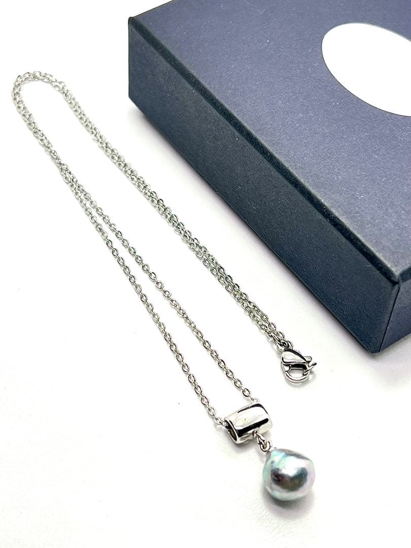 Akoya pearl necklace with natural blue rainbow-colored baroque pearl on stainless steel chain