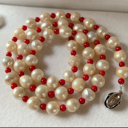 Akoya pearl necklace with red coral beads, 6mm pearls and 3.7-4mm coral beads, 60cm length