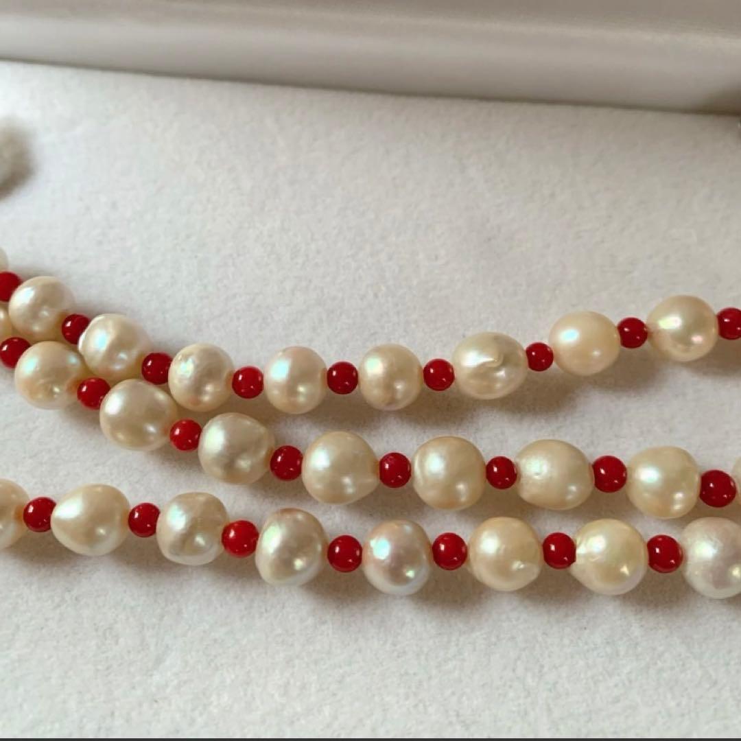 Akoya pearl necklace with red coral beads, 6mm pearls and 3.7-4mm coral beads, 60cm length