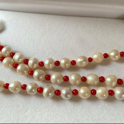 Akoya pearl necklace with red coral beads, 6mm pearls and 3.7-4mm coral beads, 60cm length