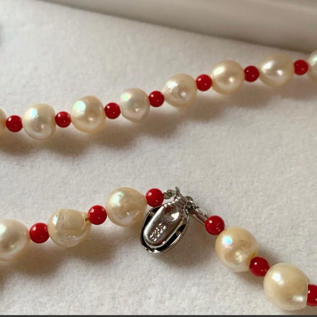 Akoya pearl necklace with red coral beads, 6mm pearls and 3.7-4mm coral beads, 60cm length