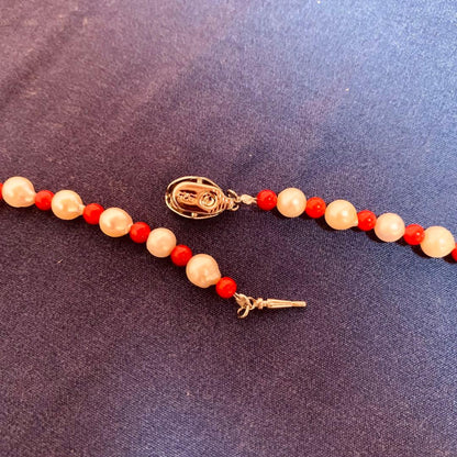 Akoya pearl necklace with red coral beads, 6mm pearls and 3.7-4mm coral beads, 60cm length