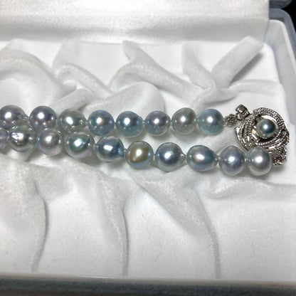 Silver Blue Akoya Pearl Necklace with 8-8.5mm pearls and silver stamped clasp, 45 cm length
