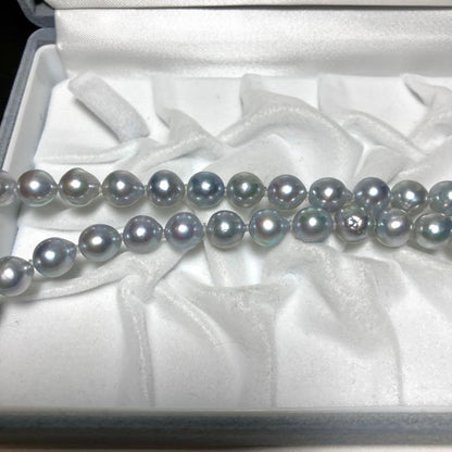 Silver Blue Akoya Pearl Necklace with 8-8.5mm pearls and silver stamped clasp, 45 cm length