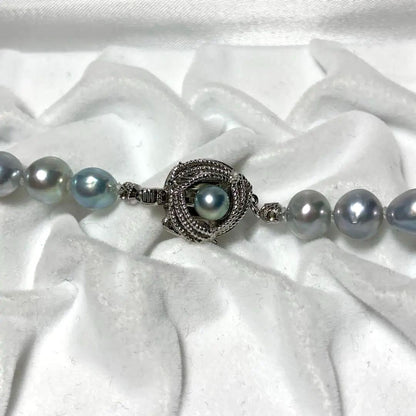 Silver Blue Akoya Pearl Necklace with 8-8.5mm pearls and silver stamped clasp, 45 cm length