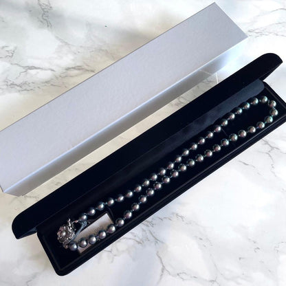 Akoya Pearl Black Necklace with 7.5-8mm pearls and silver clasp displayed on white background