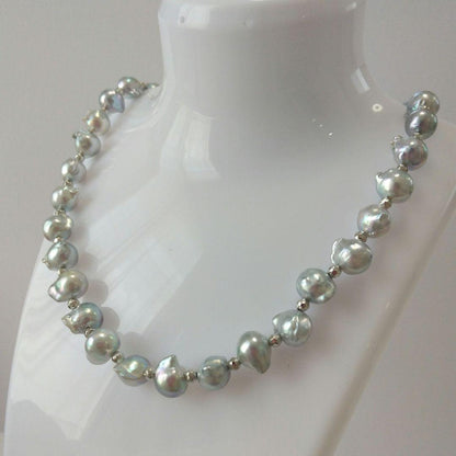 Ayukawa Akoya pearl necklace with 8.5mm natural gray pearls and silver resin beads on stainless steel adjuster