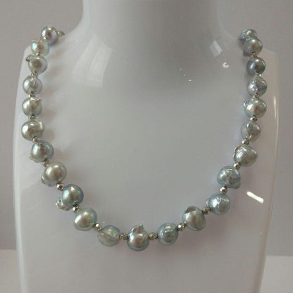 Ayukawa Akoya pearl necklace with 8.5mm natural gray pearls and silver resin beads on stainless steel adjuster