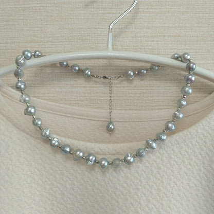 Ayukawa Akoya pearl necklace with 8.5mm natural gray pearls and silver resin beads on stainless steel adjuster
