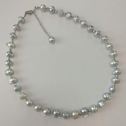 Ayukawa Akoya pearl necklace with 8.5mm natural gray pearls and silver resin beads on stainless steel adjuster