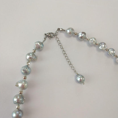 Ayukawa Akoya pearl necklace with 8.5mm natural gray pearls and silver resin beads on stainless steel adjuster