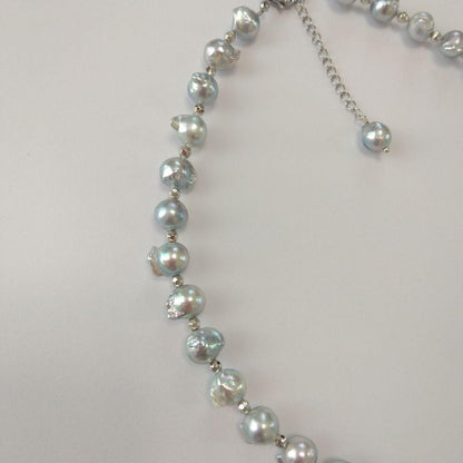 Ayukawa Akoya pearl necklace with 8.5mm natural gray pearls and silver resin beads on stainless steel adjuster
