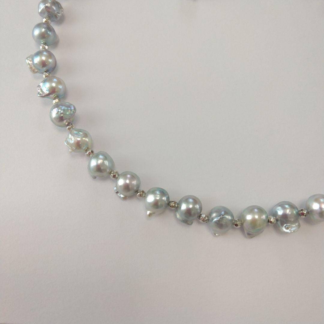 Ayukawa Akoya pearl necklace with 8.5mm natural gray pearls and silver resin beads on stainless steel adjuster