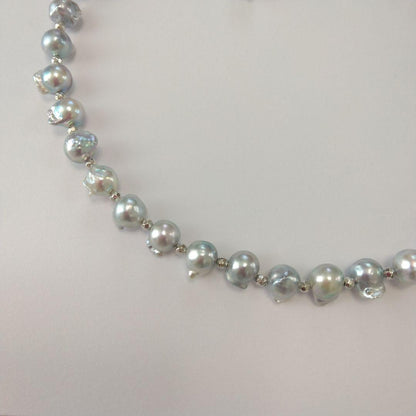 Ayukawa Akoya pearl necklace with 8.5mm natural gray pearls and silver resin beads on stainless steel adjuster