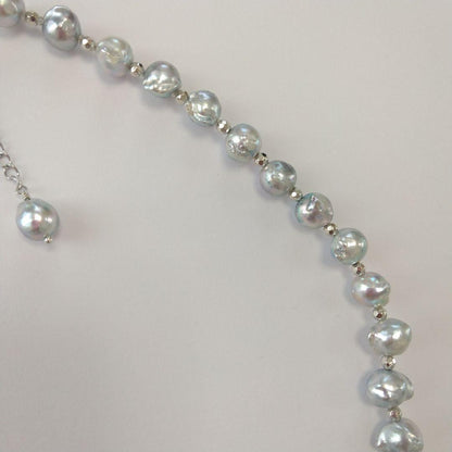 Ayukawa Akoya pearl necklace with 8.5mm natural gray pearls and silver resin beads on stainless steel adjuster
