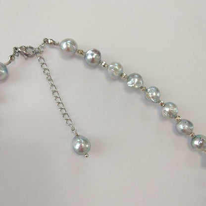 Ayukawa Akoya pearl necklace with 8.5mm natural gray pearls and silver resin beads on stainless steel adjuster
