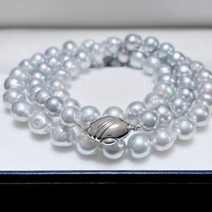 Akoya genuine pearl necklace featuring 8.0-9.0mm natural blue and gray pearls on a 43cm strand