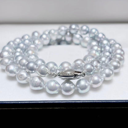 Akoya genuine pearl necklace featuring 8.0-9.0mm natural blue and gray pearls on a 43cm strand