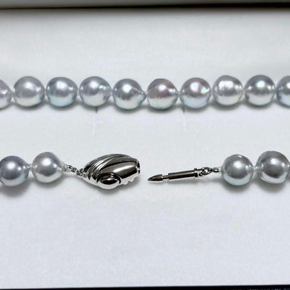 Akoya genuine pearl necklace featuring 8.0-9.0mm natural blue and gray pearls on a 43cm strand