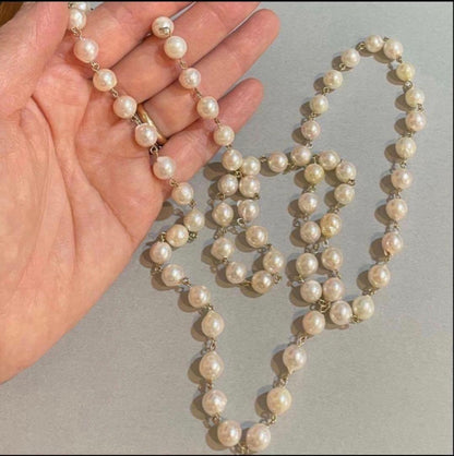 Downton Abbey style play set displayed with an 85 cm Akoya pearl long necklace of large baroque pearls