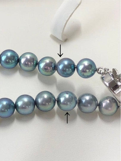 Akoya pearl necklace with blue-gray round pearls 8.0-8.5mm on silver clasp, 43cm length