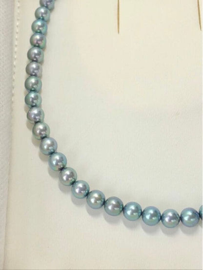 Akoya pearl necklace with blue-gray round pearls 8.0-8.5mm on silver clasp, 43cm length