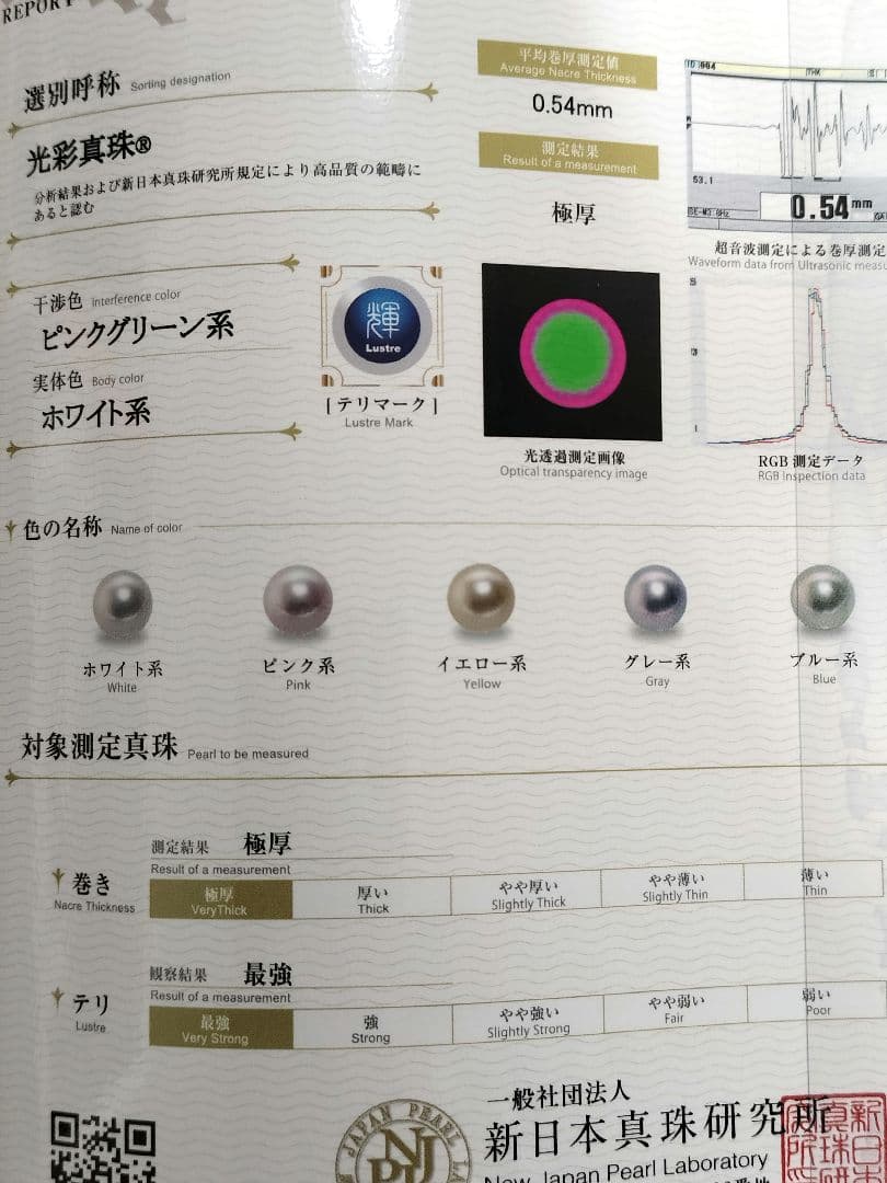 Akoya pearl large round necklace with white pearls and pink-green light interference on a white background