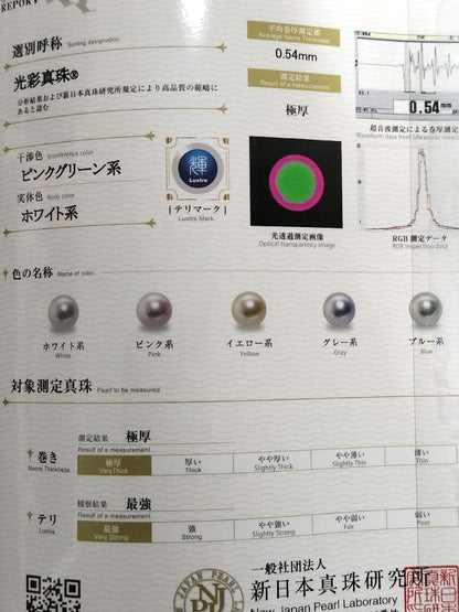 Akoya pearl large round necklace with white pearls and pink-green light interference on a white background