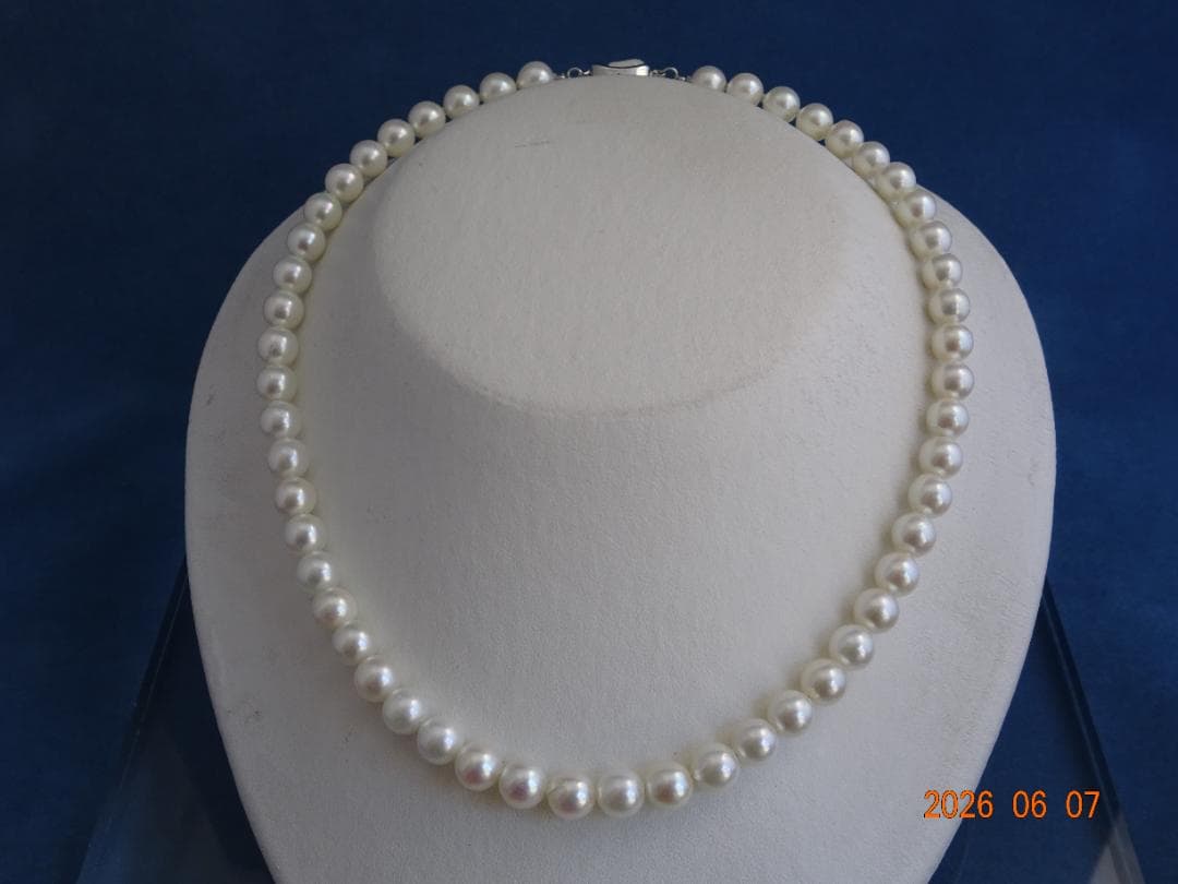 Akoya pearl necklace featuring 7.5-8mm almost round white pearls with pink, blue, and cream hues on a 43cm chain