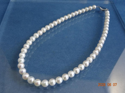 Akoya pearl necklace featuring 7.5-8mm almost round white pearls with pink, blue, and cream hues on a 43cm chain