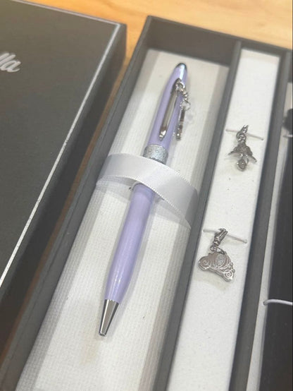 Cinderella Cross ballpoint pen in black with silver accents wrapped in protective pouch