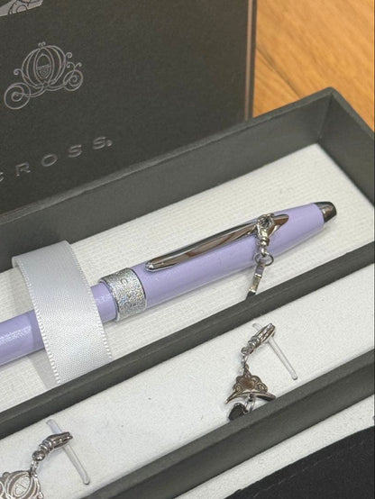 Cinderella Cross ballpoint pen in black with silver accents wrapped in protective pouch