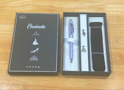 Cinderella Cross ballpoint pen in black with silver accents wrapped in protective pouch