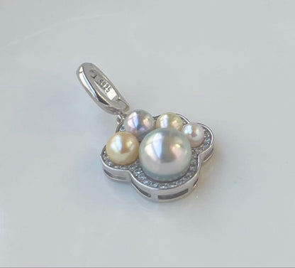 Akoya pearl multi-color pendant with blue pearl center and openable heart-shaped paw print bail on S925 silver