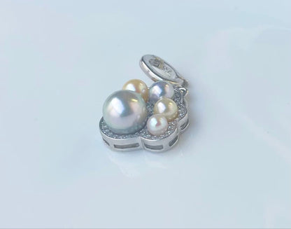 Akoya pearl multi-color pendant with blue pearl center and openable heart-shaped paw print bail on S925 silver