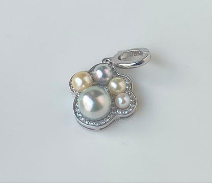 Akoya pearl multi-color pendant with blue pearl center and openable heart-shaped paw print bail on S925 silver
