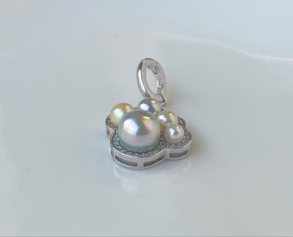 Akoya pearl multi-color pendant with blue pearl center and openable heart-shaped paw print bail on S925 silver