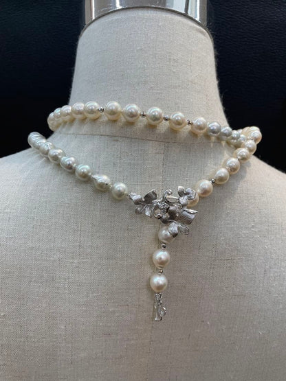 Plain pearl design long necklace and matching earrings in white and gray with 8.5 to 9 mm pearls