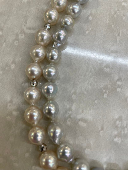 Plain pearl design long necklace and matching earrings in white and gray with 8.5 to 9 mm pearls