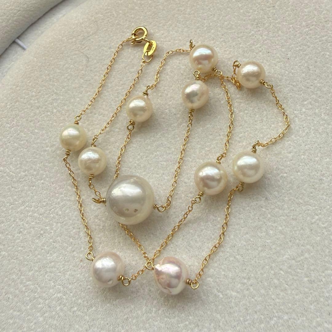 White Jewel Pearl Akoya combo necklace with large 11.3mm pearl and 6-7mm pearls on 42cm silver chain