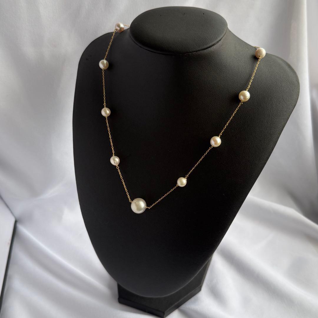 White Jewel Pearl Akoya combo necklace with large 11.3mm pearl and 6-7mm pearls on 42cm silver chain