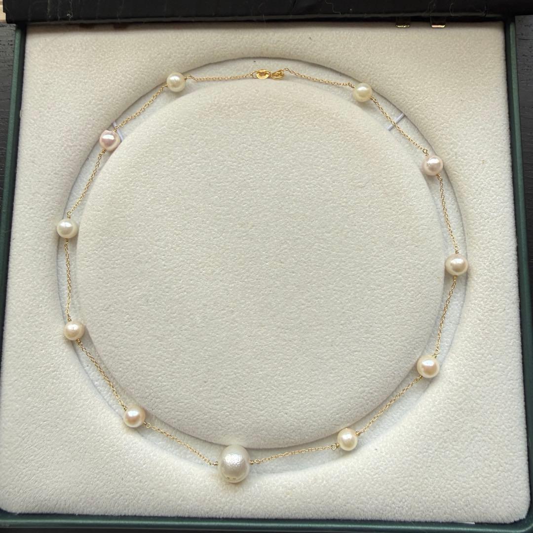 White Jewel Pearl Akoya combo necklace with large 11.3mm pearl and 6-7mm pearls on 42cm silver chain