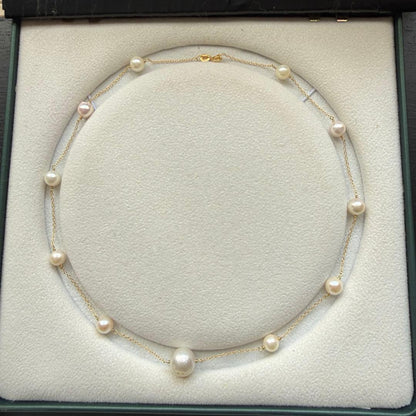 White Jewel Pearl Akoya combo necklace with large 11.3mm pearl and 6-7mm pearls on 42cm silver chain