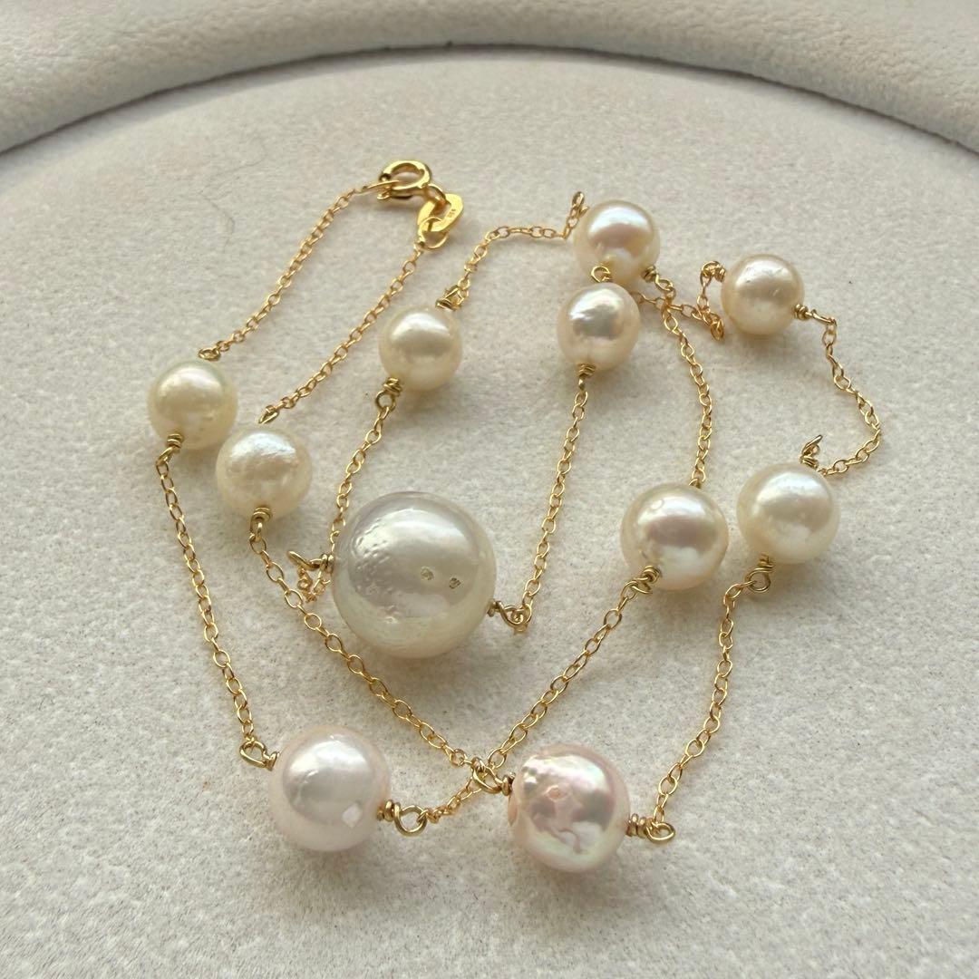 White Jewel Pearl Akoya combo necklace with large 11.3mm pearl and 6-7mm pearls on 42cm silver chain