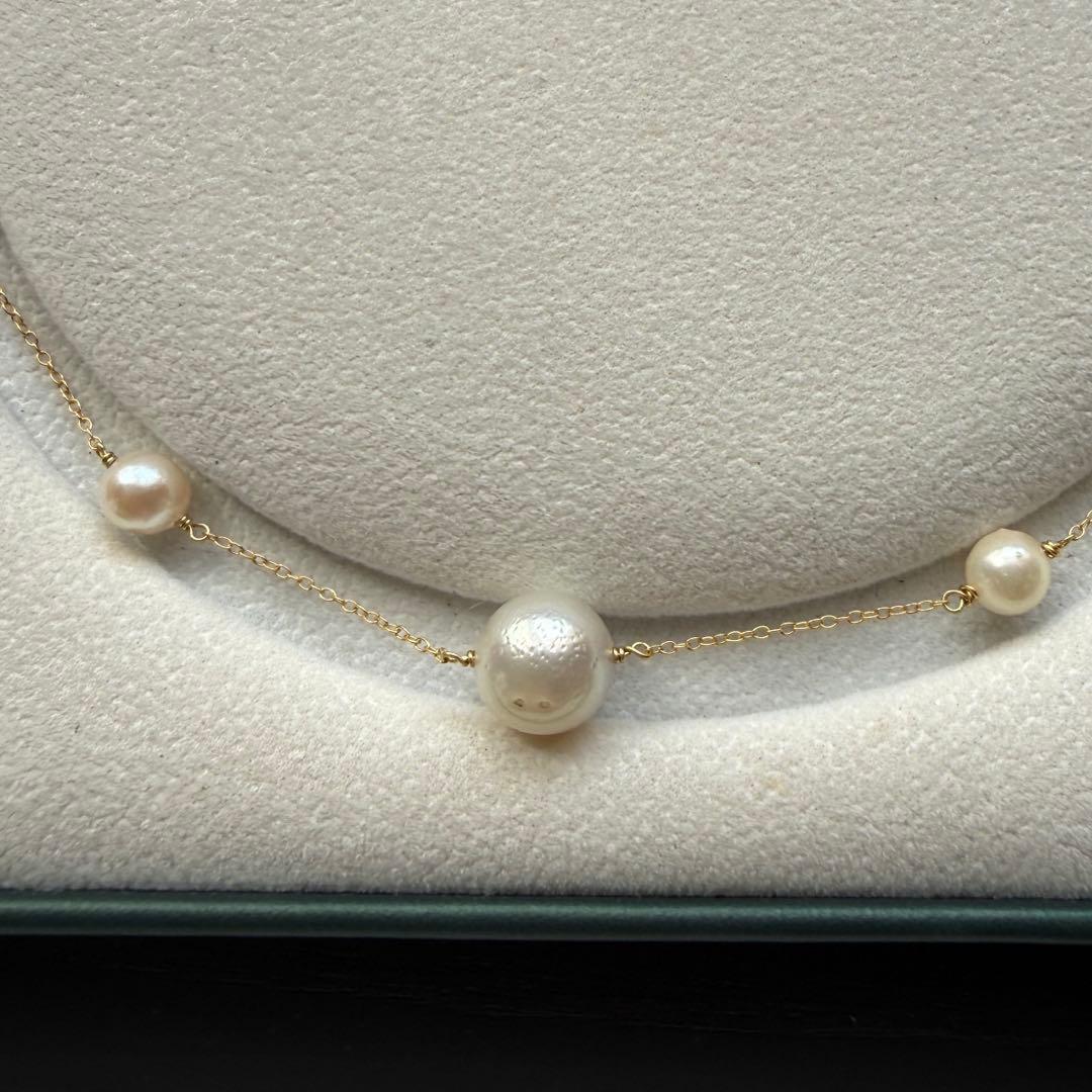 White Jewel Pearl Akoya combo necklace with large 11.3mm pearl and 6-7mm pearls on 42cm silver chain