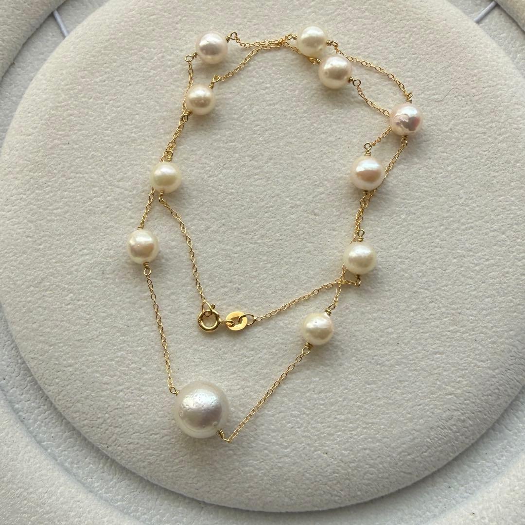 White Jewel Pearl Akoya combo necklace with large 11.3mm pearl and 6-7mm pearls on 42cm silver chain
