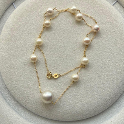 White Jewel Pearl Akoya combo necklace with large 11.3mm pearl and 6-7mm pearls on 42cm silver chain