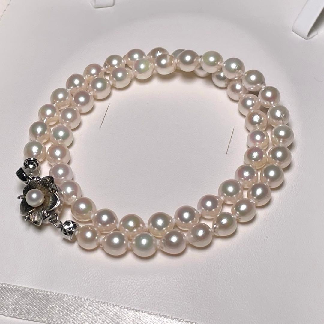 Kagayaki Hanadama Akoya pearl necklace with white semi-round pearls 6.5-7.0mm on silver chain